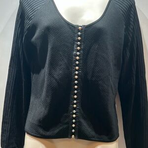 Carlisle Black Knit Round Neck Top with Leather, Pink,Grey, Pearl Accents A+